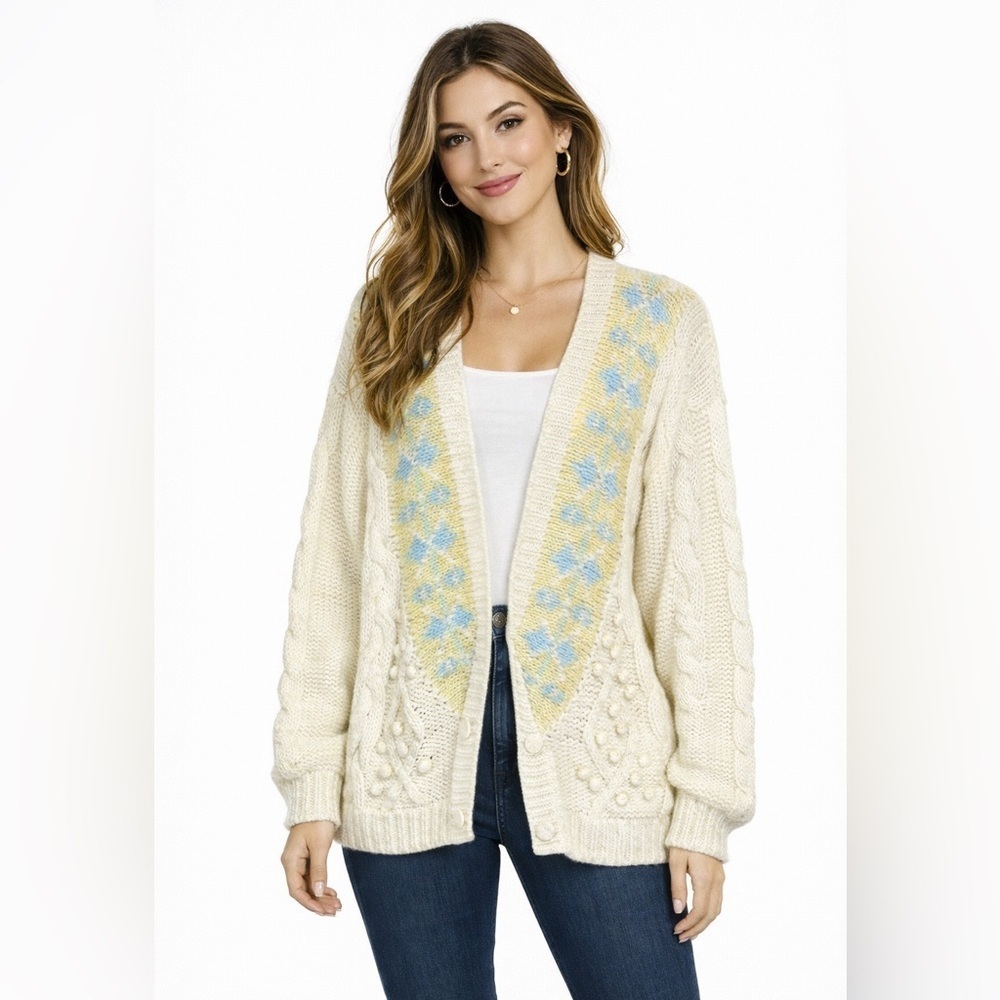 Vintage 80s Hand Knit Floral Cardigan Cottagecore Granny Knit Sweater M